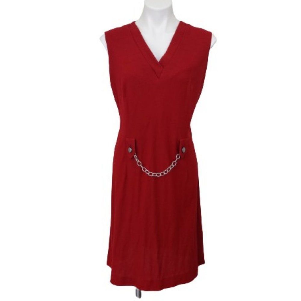Vintage 60s Eve Carver Original Red Shift Dress w/ Chain Detail, Union Made, M/L